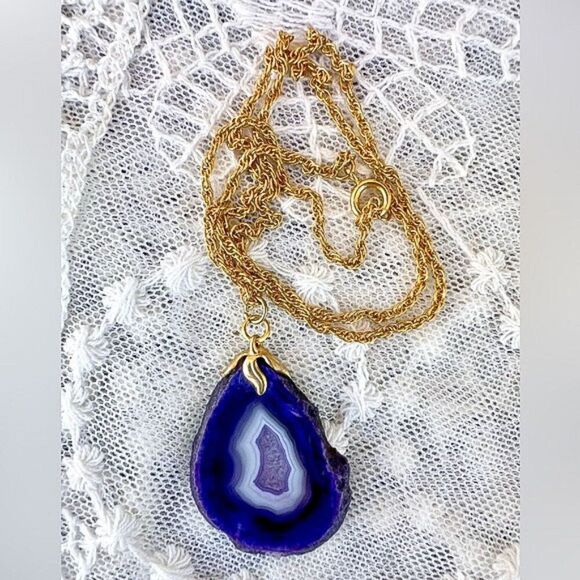 Vintage Amethyst Geode Slice Pendant Necklace 18" - Picture 4 of 8